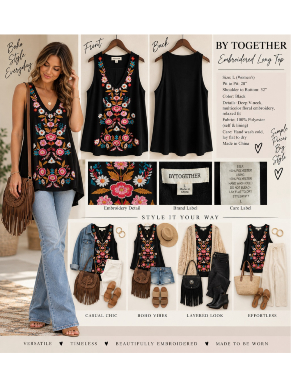 By Together Women’s L Black Embroidered Floral Long Tunic Tank Top
